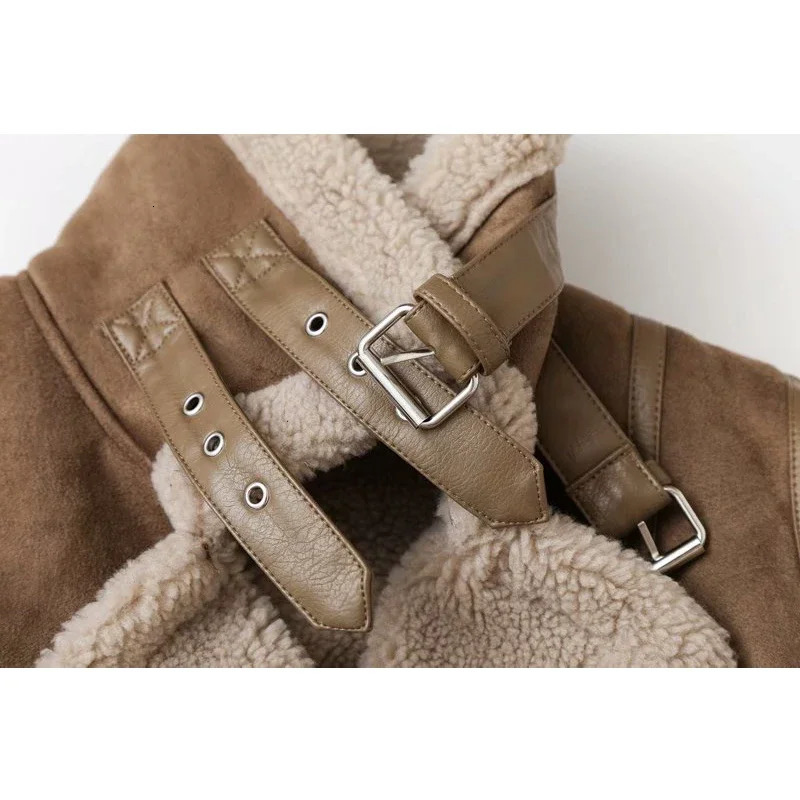 Women Winter Faux Shearling Sheepskin Leather Jackets Lady Thick Warm Suede Lambs Short Motorcycle Brown Coats 241129