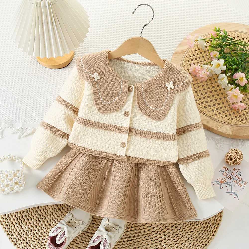 Clothing Sets Girls Knitted Clothing Set Spring and Autumn Childrens Wool Jersey Sweater Coats Short Skirt Party Dress Baby Clothing Childrens 6Y Y241