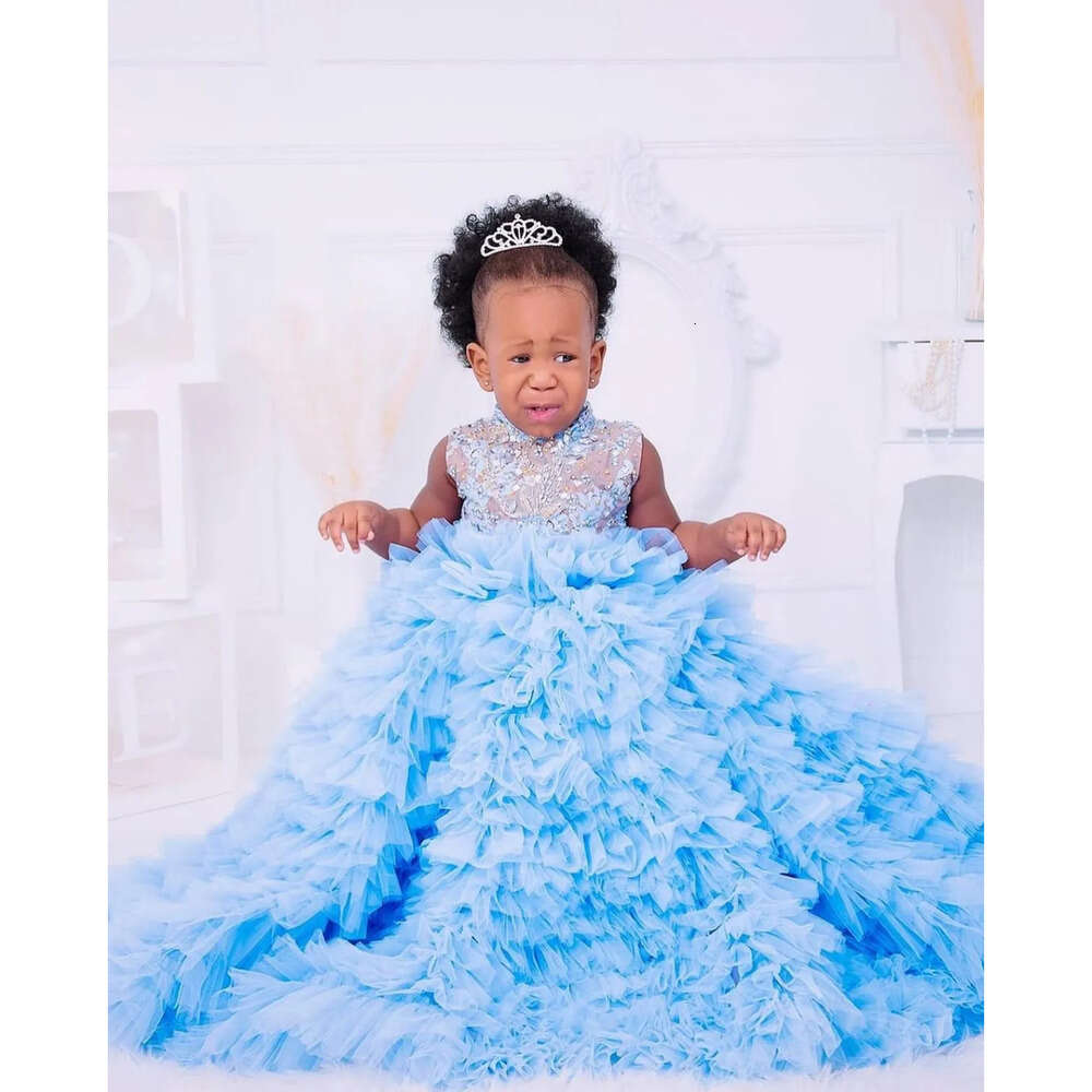 Flower Lace Sky Dresses Blue Ball Gown Tulle Tiers Vintage Little Girl Peageant Dress Gowns Zj S