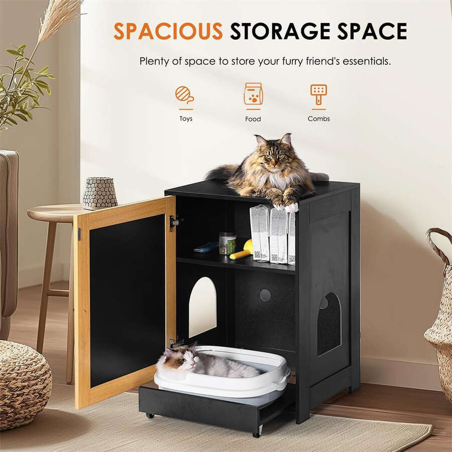 Furniture Corner Enclosure Kitty End Table With Scratching Board Door And Pull-Out Box Board, Litter Cabinet Hidden Cat Washroom Black