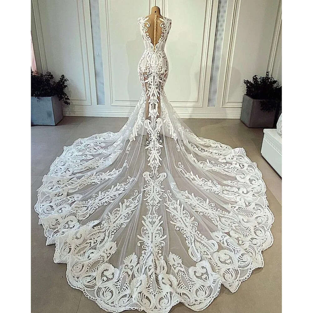 Aso Arabic Plus Size Ebi Vintage Sexy Lace See Through Mermaid Bridal Dresses Sheer Neck Wedding Gowns Zj