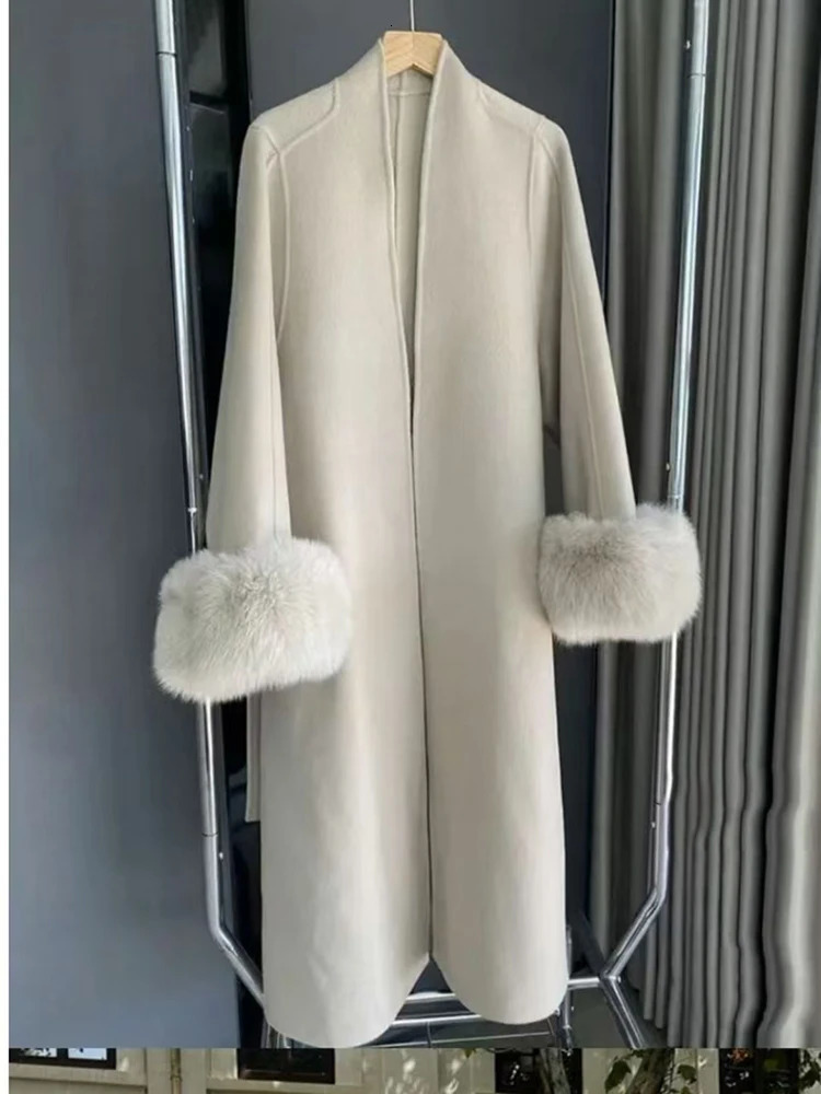 2024 Warm Long Coat With Belt Womens Elegant Wool Blend Trench Winter Clothes Fashion Outerwear 241129