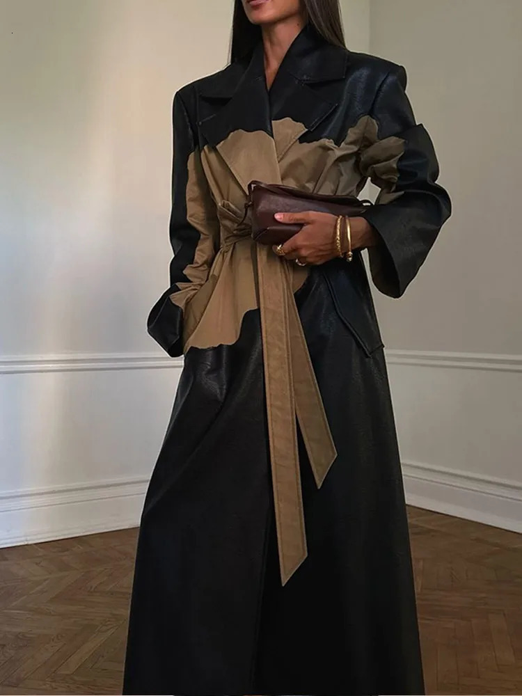 Chic Contrast Faux Leather Womens Long Jacket Lapel Open Front Thicken Trench Coat Winter Autumn Warm Outerwear With Belt 241129