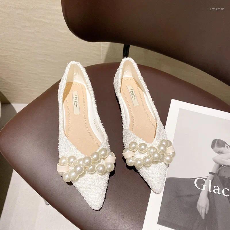 Casual Shoes 2024 Spring Summer Pointed Flat Women Green Pure White Flats With Big Pearls Unique Design Large Size