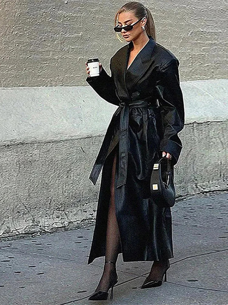 Street Leather Long Jacket Loose Lapel Single Breasted Belt Pu Coats Female 2024 Autumn Sleeves Solid Outwears Lady 241129
