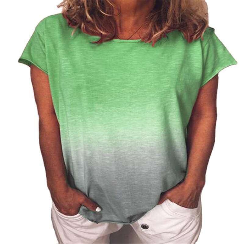 European And American Women's Summer Rainbow Gradient Print Round Neck Short Sleeved Loose T-Shirt Trendy Clothing Fashionable Casual Temperament