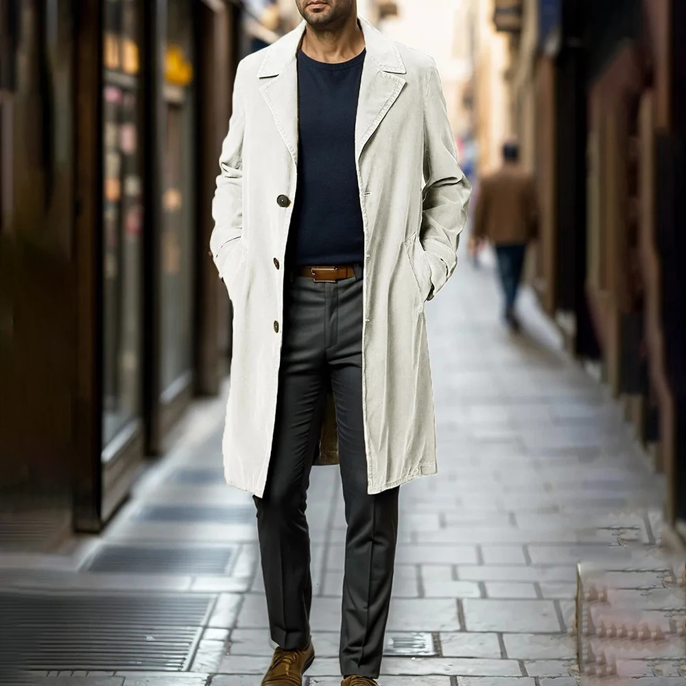 Autumn Winter Style Windbreaker MenS MidLength Corduroy SingleBreasted Suit Collar Fashion Trend Casual Simple Jacket Men 241129