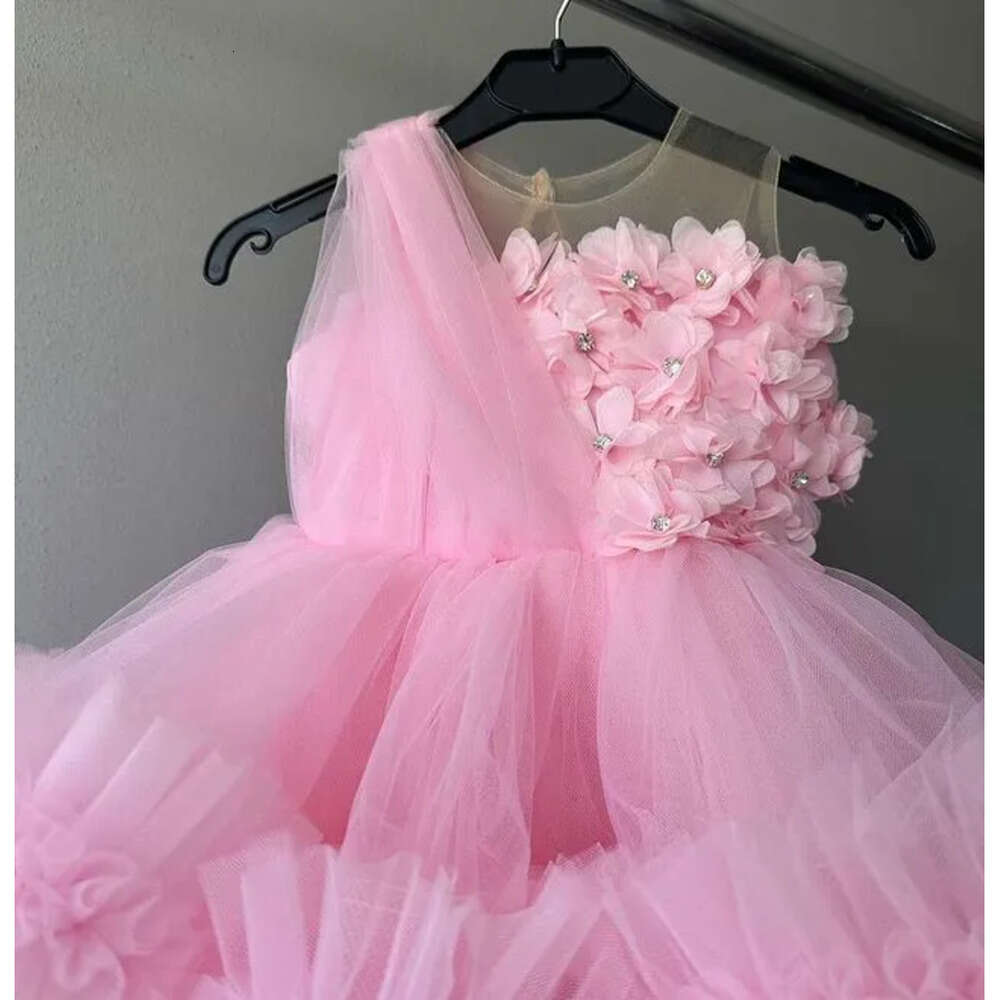 Neck Flower Sheer Dresses Pink Ball Gown Tulle Tiers Beaded Vintage Lit Tle Girl Peageant Dress Gowns Zj S