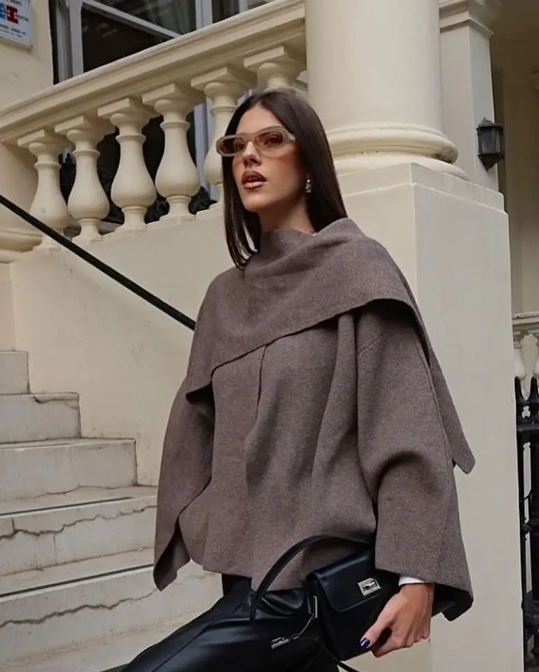 Elegant scarf collar solid long sleeved short jacket for women fashionable and warm chic jacket autumn and winter item Communicating Outerwear 241128