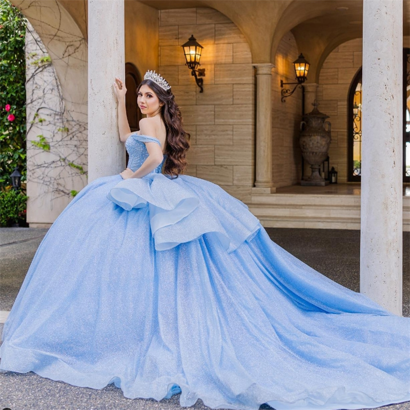 Amazing Blue Quinceanera Dresses Plus Size Off Shoulders Beaded Vestidos 15 Anos Quinceanera Shine Pageant Birthday Party Gowns Elegant Vestio De Fies