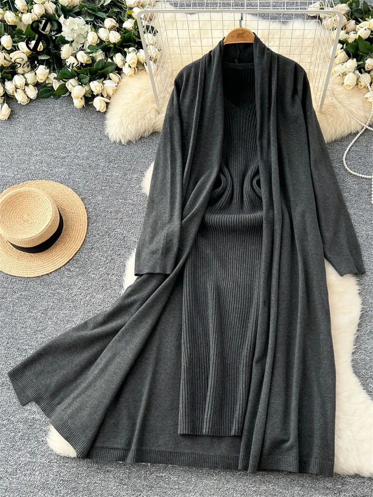 SINGREINY Winter Casual Warm Suit Full Sleeves Loose Long CardiganV Neck Sleeveless Elastic Dress Elegant Fashion Sets 241129