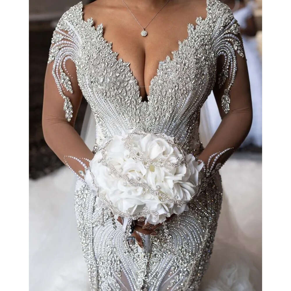 Aso Arabic Size Plus Ebi Luxurious Mermaid Sexy Wedding Dress Beaded Crystals Pearls Backless Long Sleeves Detachable Train Bridal Gowns Dresses Zj Es