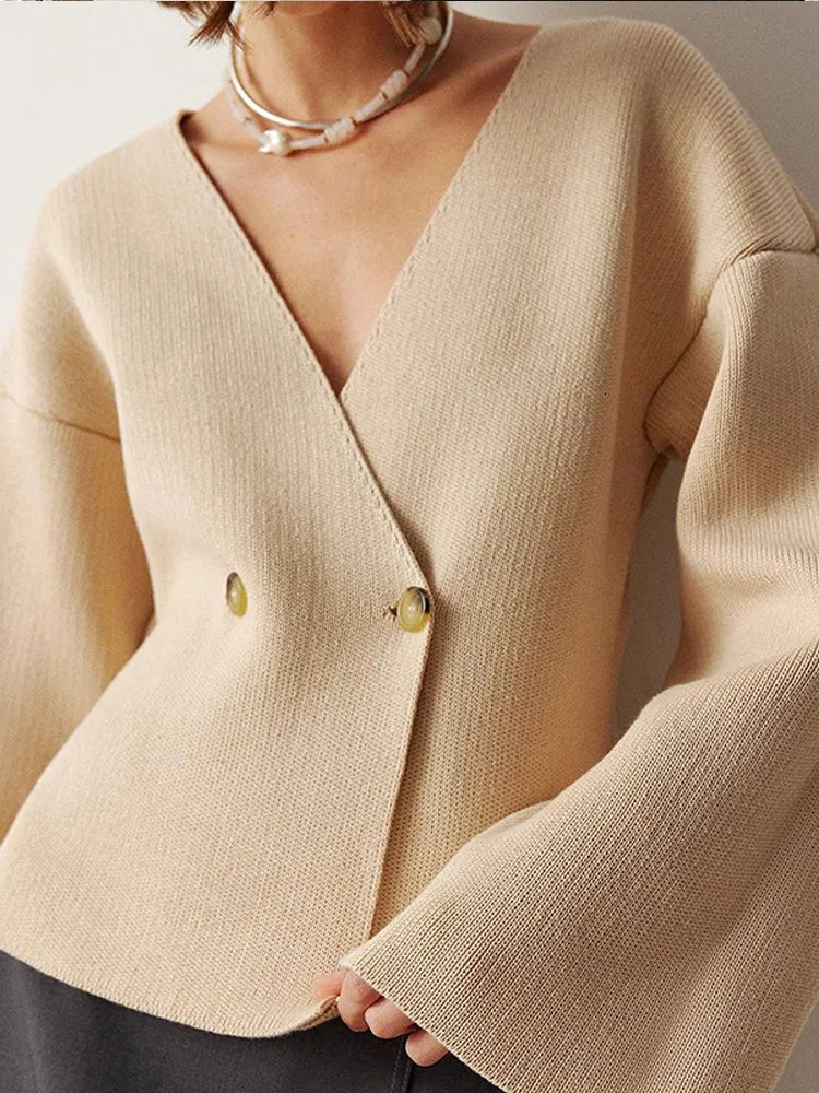 Fashion Brown V-neck Knitted Cardigan for Women Elegant Double Button Long Sleeve Sweater Autumn Womens Fashion Casual Knitted Cardigan 241127