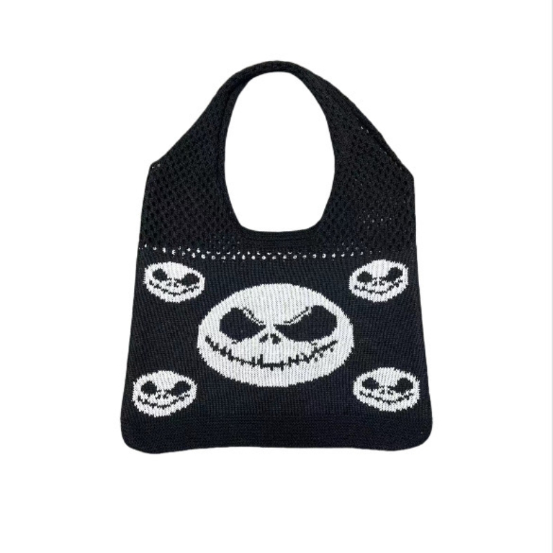 2024 Halloween Funny Skull Tote Bag Trendy New Knitted Cartoon Weaving Carving