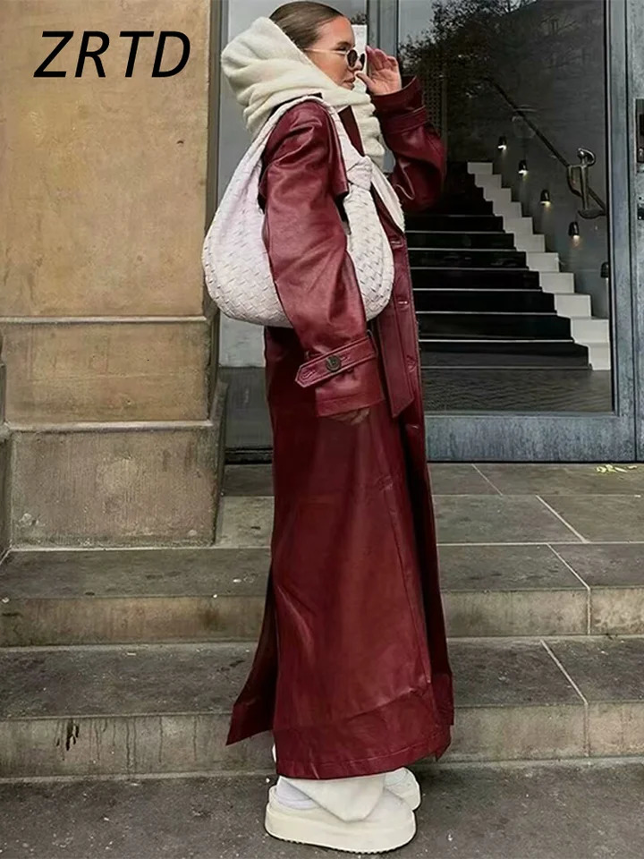 Street Womens Burgundy Leather Overcoat With Belt Lapel Single Breasted Full Sleeve Long Coats 2024 Winter Lady Retro Outwear 241129