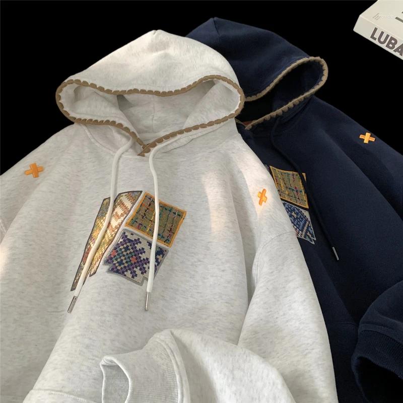 Men's Korean Streetwear Splicing Hoodie - Embroidered Pattern Hooded Sweatshirt, Loose Casual Pullover For Fall/Winter