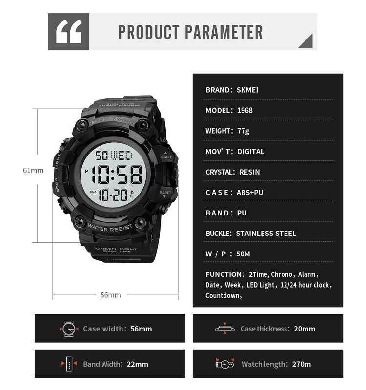 SKMEI Large Dial Stop Sport Mens D Light Digital Watch 5Bar Waterproof Countdown Clock reloj hbre 1968 M241128