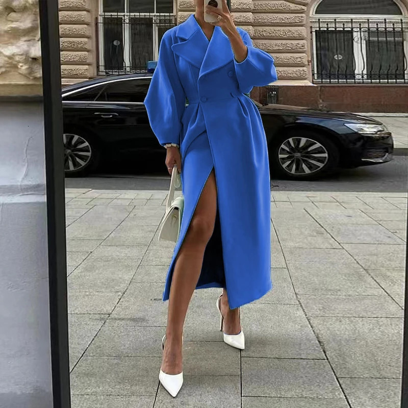 Retro Court Style Lantern Sleeve Woolen Long Coat Elegant French Windcoat Autumn Winter Doublebreasted Solid For Women Clothes 241129