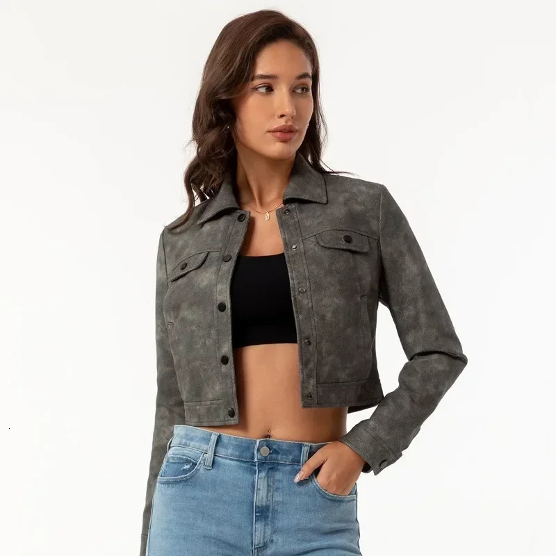 BTQWFD Womens Pu Faux Motor Biker Leather Jackets Slim Coat with Pockets Button Female Outwear Tops 2024 Spring Autumn Winter 241129