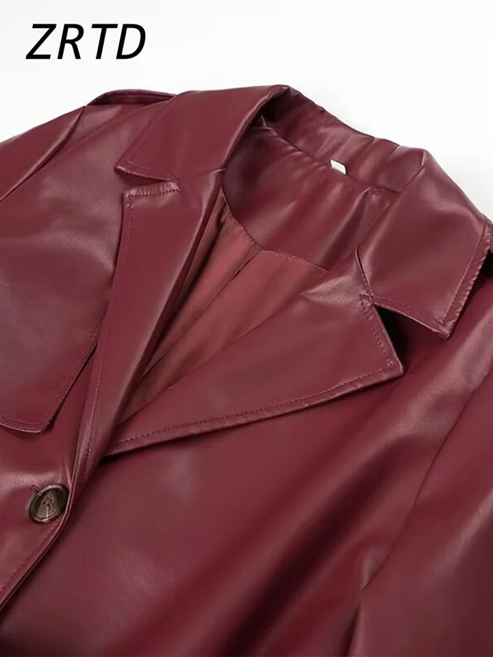 Street Womens Burgundy Leather Overcoat With Belt Lapel Single Breasted Full Sleeve Long Coats 2024 Winter Lady Retro Outwear 241129