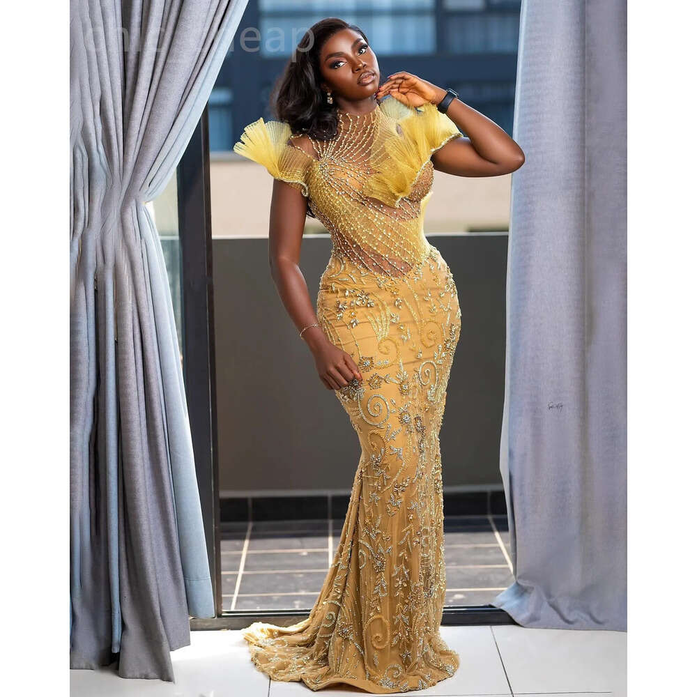 Mermaid Yellow Ebi Aso Prom Dress Beaded Crystals Illusion Evening Formal Party Second Reception Th Birthday Engagement Gowns Dresses Robe De Soiree E