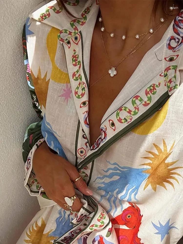 Women's Two Piece Pants Street Printed Shirt Pant Sets Women Lapel Long Sleeve Loose High Waist Wide Leg Suits 2024 Summer Lady 2 Pieces Set