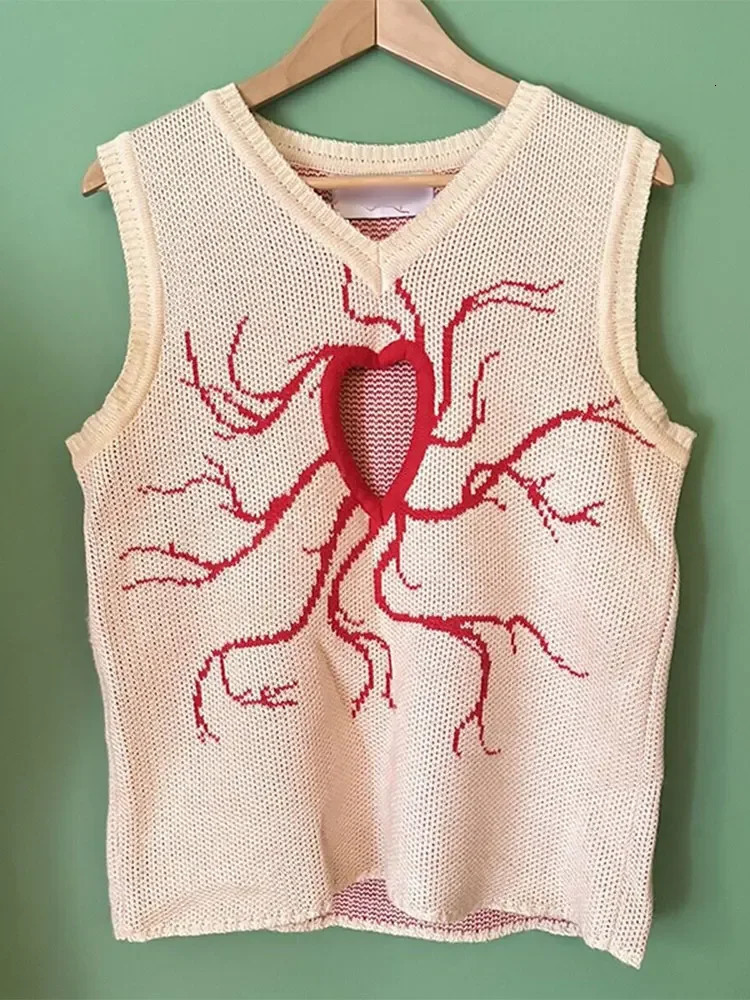 Autumn Love Hollow Out Jacquard Mens Sweater Vest Loose V Neck Sleeveless Knitted Sweaters Street Harajuku Pullover Waistcoat 241129