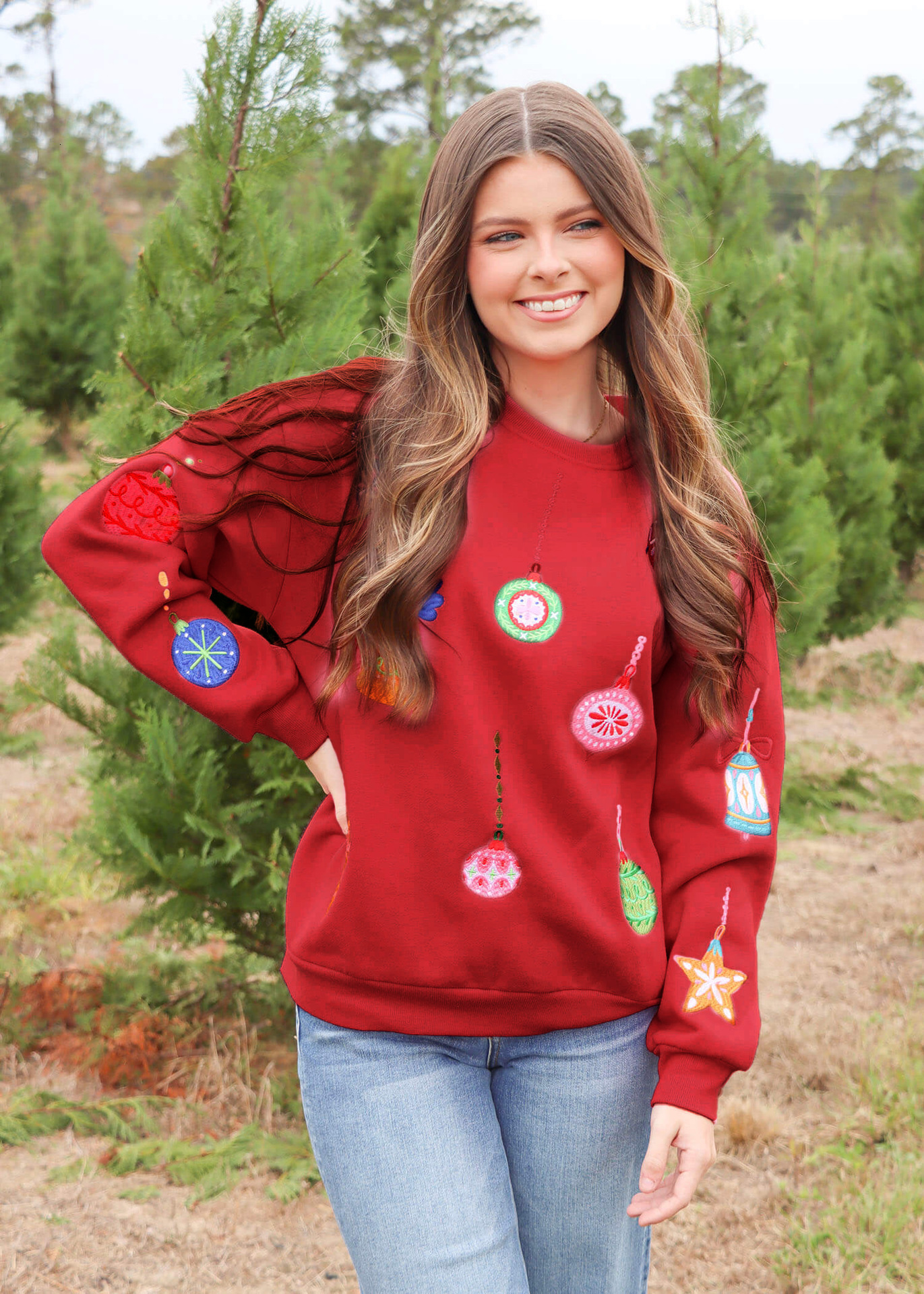 Autumn and Winter New Christmas Lantern Embroidered Loose Top Casual Long Sleeve Round Neck Hoodie