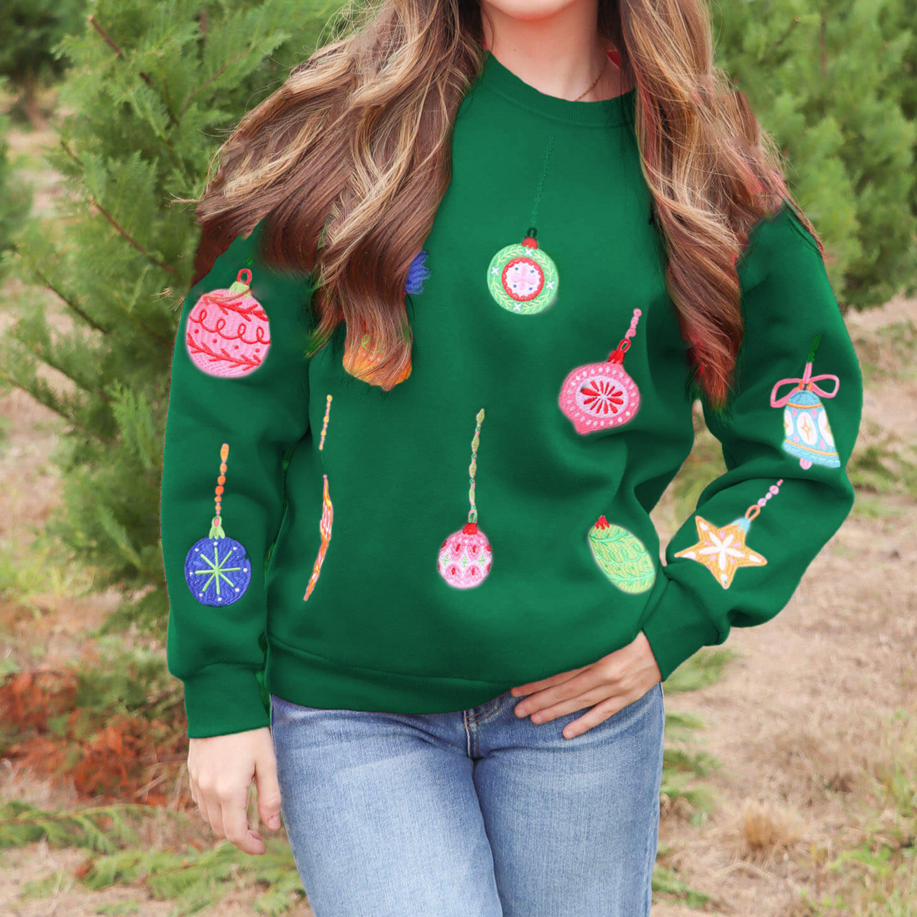 Autumn and Winter New Christmas Lantern Embroidered Loose Top Casual Long Sleeve Round Neck Hoodie