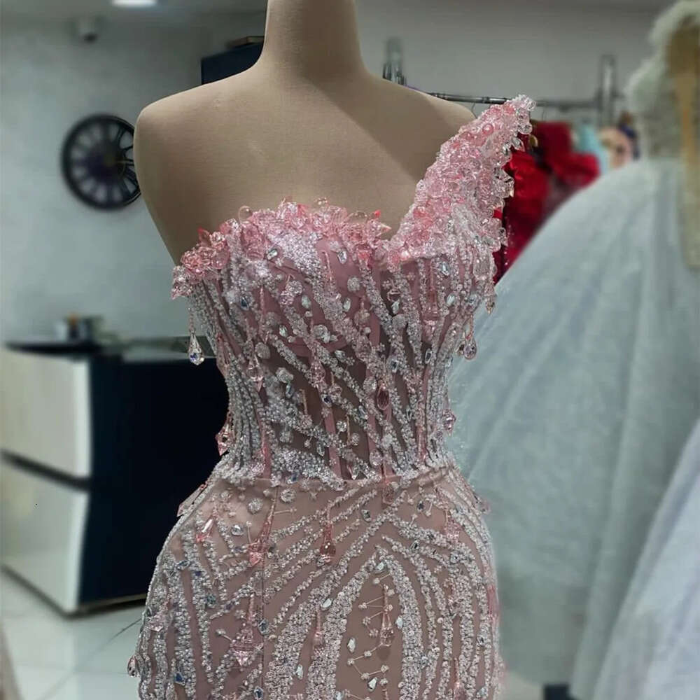 Arabic Mermaid Pink Ebi Aso Prom Dress Crystals Beaded Evening Formal Party Second Reception Birthday Engagement Gowns Dresses Robe De Soiree Zj Es 66