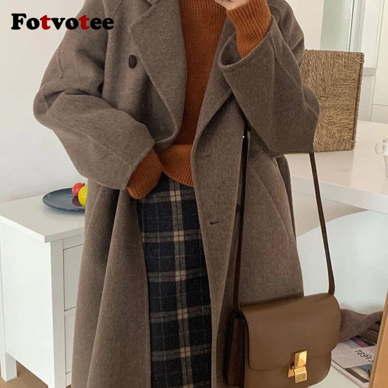 FOTVOTEE Women Midi Length Wool Coat Elegant Lapel Double Breasted with Belt Outerwear Autumn Winter Temperament Streetwear 241129