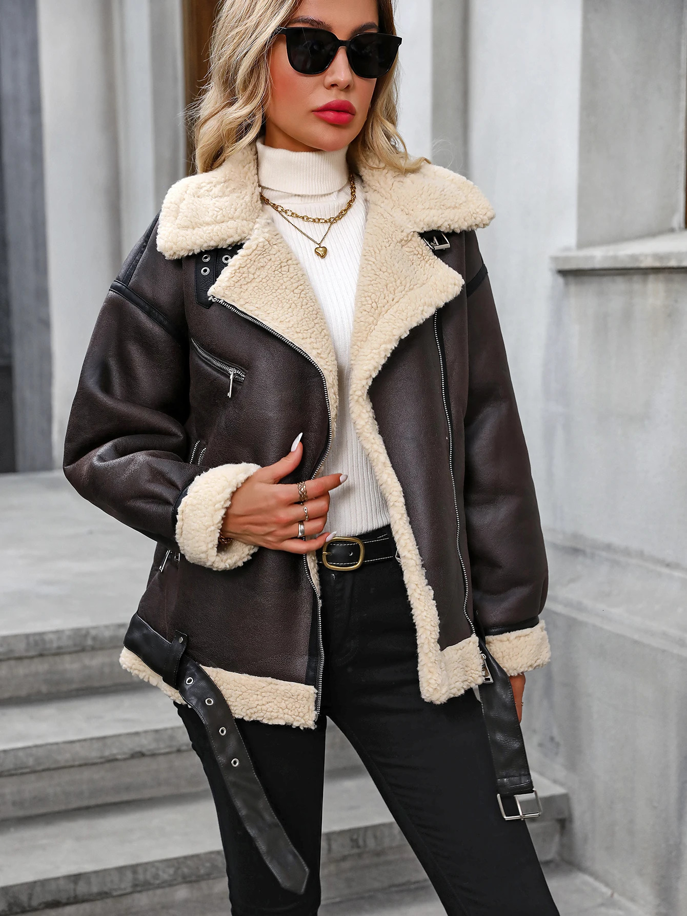 FTLZZ Winter Women Faux Lamb Fur Leather Jacket Casual Lady Thick Warm Coat High Street Motorcycle Outwear 241129