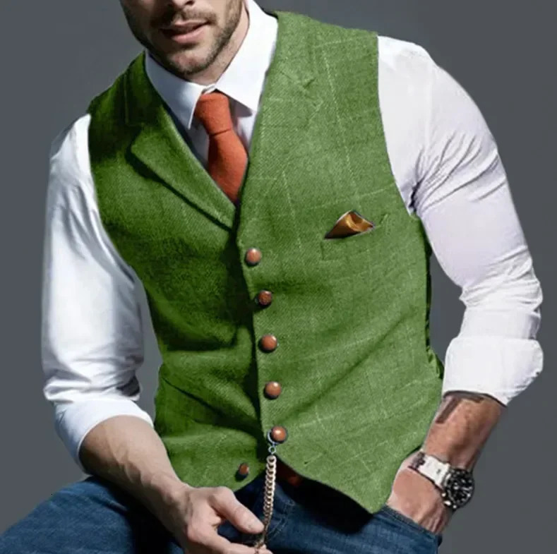 Mens Casual Classic Suit Vest Retro Herringbone Lapel Cotton Blended Tweed Slim Business Lined S3XL 241129