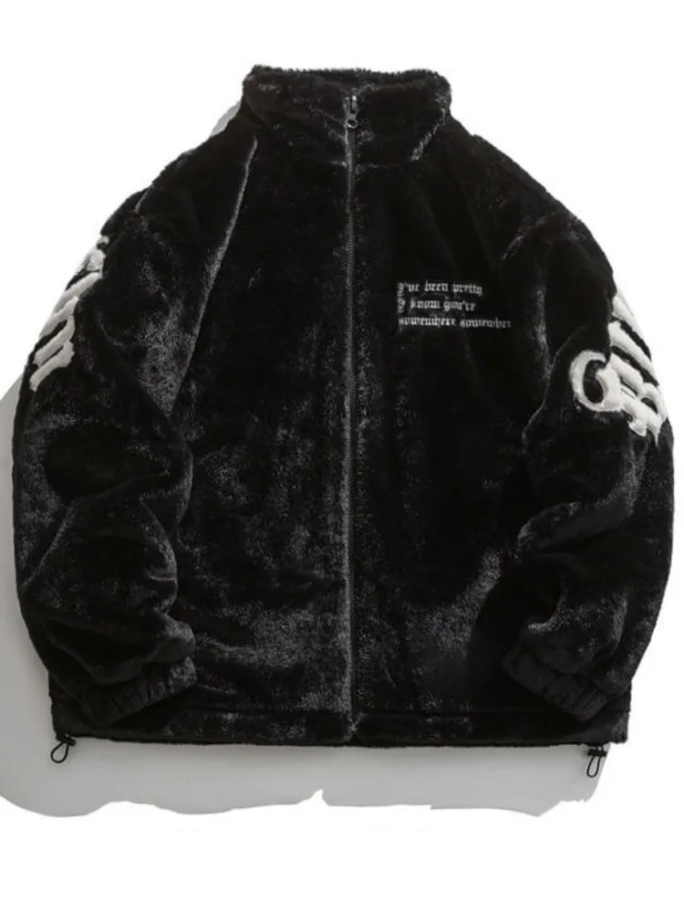 Mink Rabbit Fur Stand Embroidered Padded Fleece Jacket Men Winter Casual Thickened Coat Unisex Hip Hop Warm Streetwear 241126