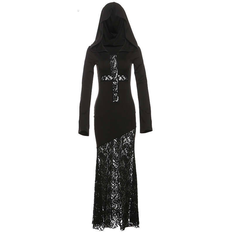 Wind 2024 Autumn New Women's Gothic Style Black Lace Unique Cross Sewing Dress
