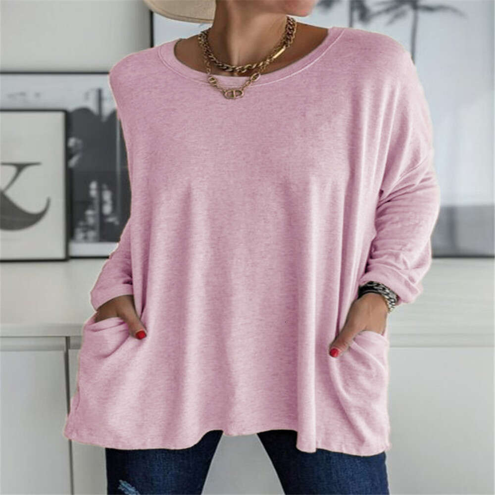 Spring Summer New European And American Round Neck Long Sleeved Loose Pocket Solid Color T-Shirt Casual Women's Fashion Trend Clothing Fashionabl