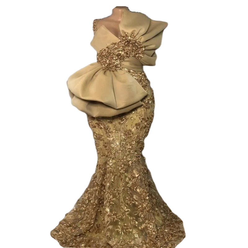 Elegant Gold Lace Mermaid Prom Dresses Bow Ruched Long African Arabic Aso Ebi Evening Gown For Women