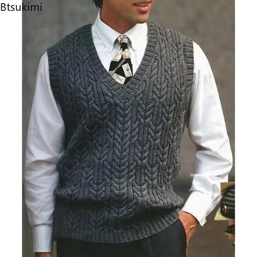 2025 Mens Autumn Winter Warm Casual Knitted Sweater Vest Sleeveless V Neck Fleece Western Sweaters for Men Sueter Para Hombre 241129