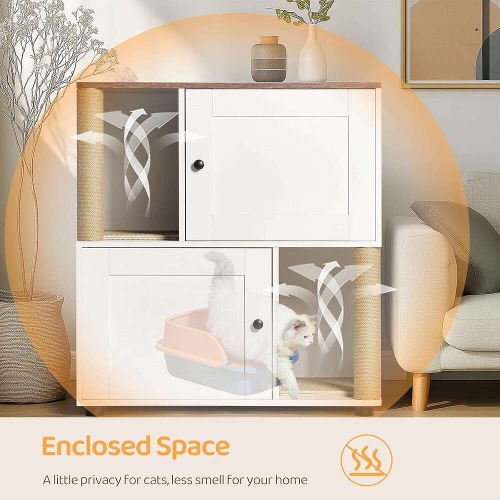 For 2 Cat, Hidden Double Encloure Furniture With Scratching Pot, Wooden Wahroom Furniture, Indoor Cat Houe End Table, Fit Mot Of Litter Box