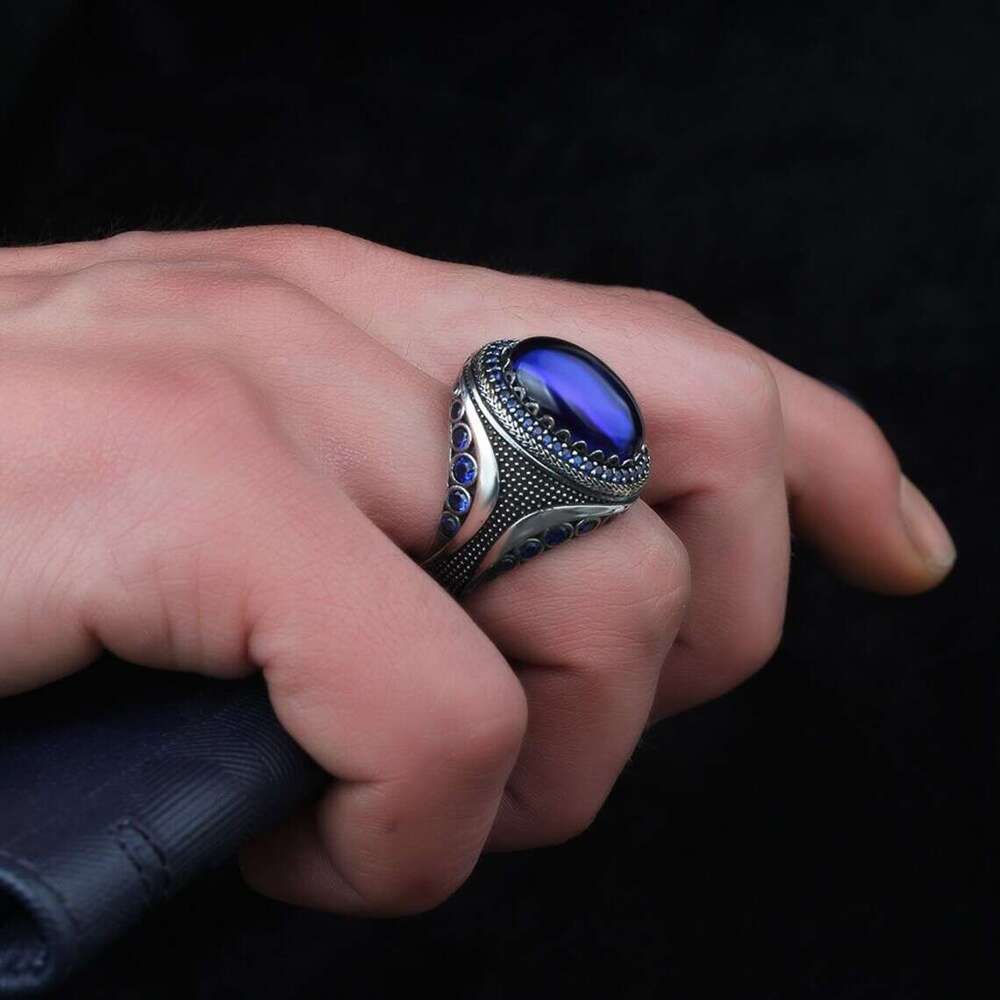 Hecheng sells patterned blue antique silver geometric rings with exquisite jewelry straight