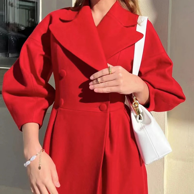 Retro Court Style Lantern Sleeve Woolen Long Coat Elegant French Windcoat Autumn Winter Doublebreasted Solid For Women Clothes 241129