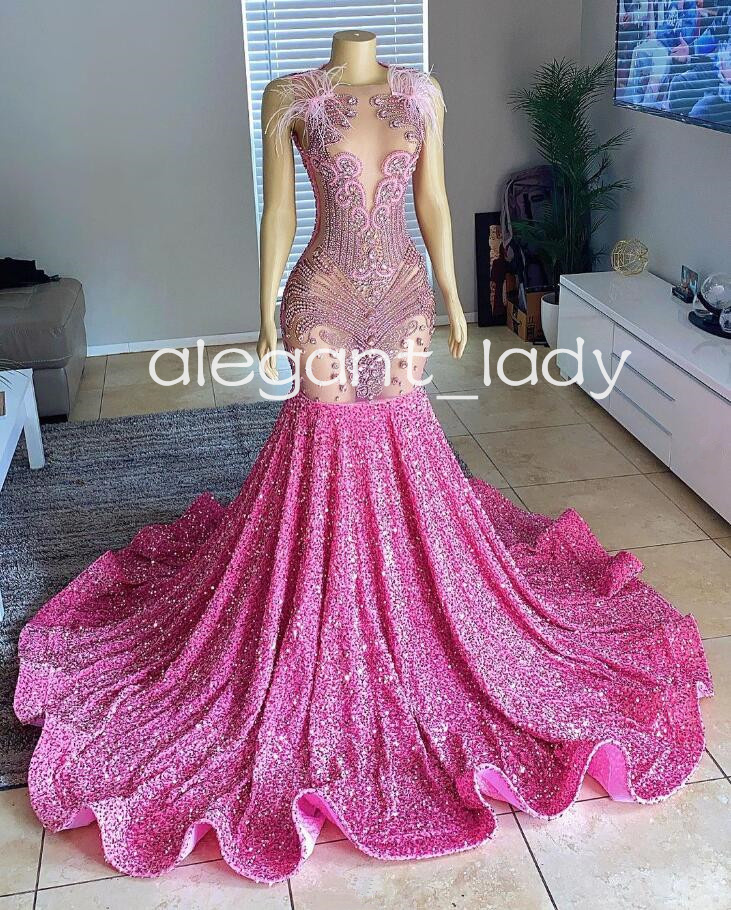 Sparkly Long Pink Mermaid Prom Ceremony Party Dresses for Black Girl 2024 Luxury Diamond Feather Velvet Evening Gown Gala