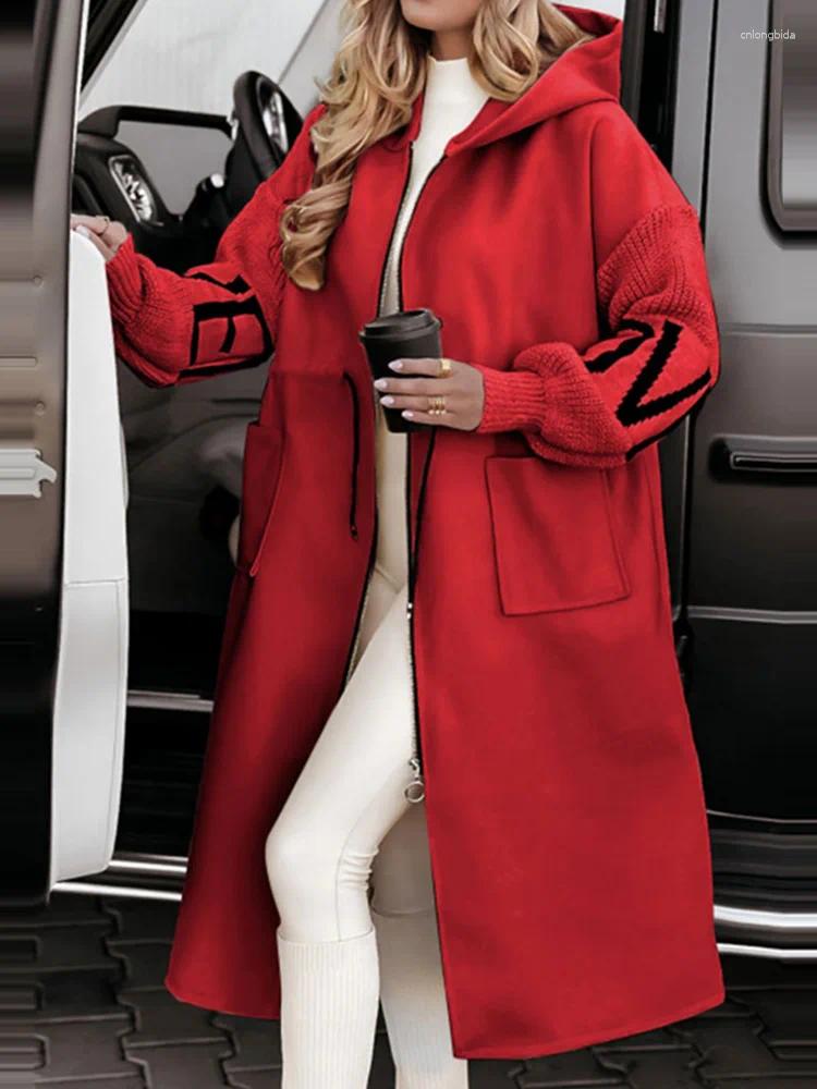 Womens Jackets Hooded Long Sleeve Cardigan Coat Women Autumn Winter Simple Patchwork Zipper Casual Lace-Up Fashion Maxi Outerwear