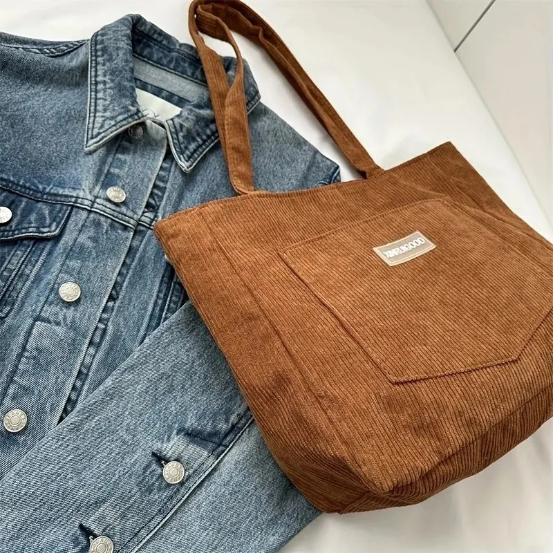 Large Capacity Shoulder Bag Trendy Corduroy Tote Solid Color Ladies Handbag With Front Pocket 241203