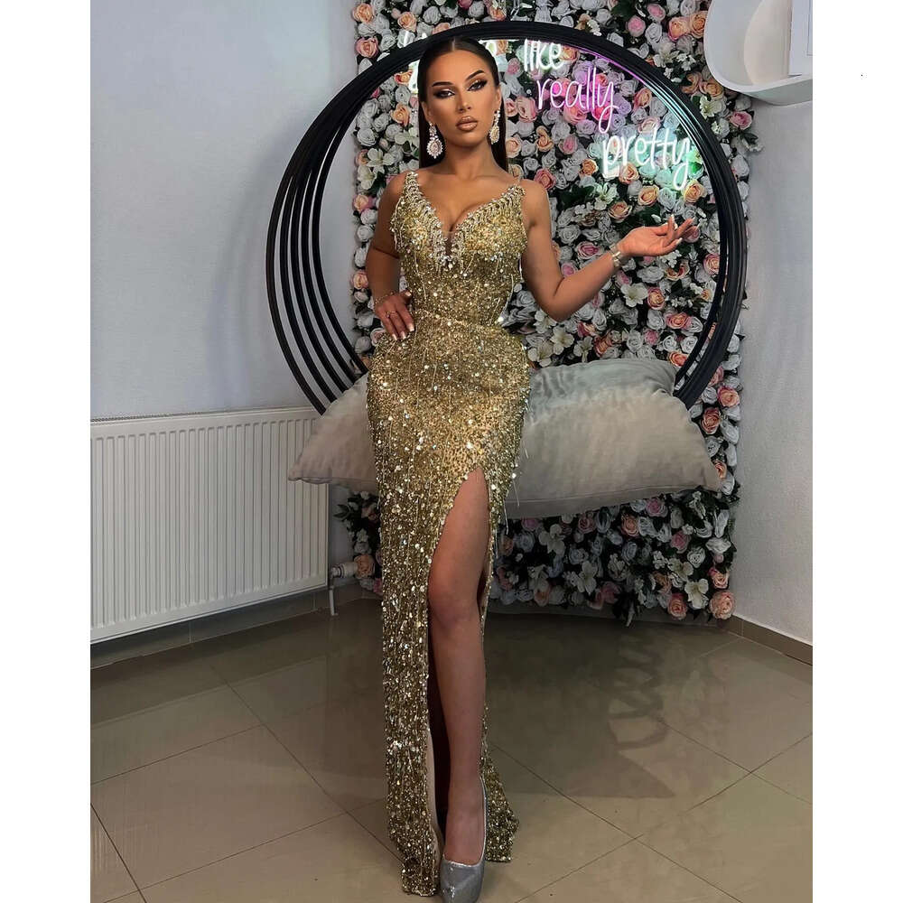 Graduation High Dress Sheath Gold Split Sequined Lace Sexy Homecoming Party Formal Tail Prom Gowns Dresses Zj Es 6660306