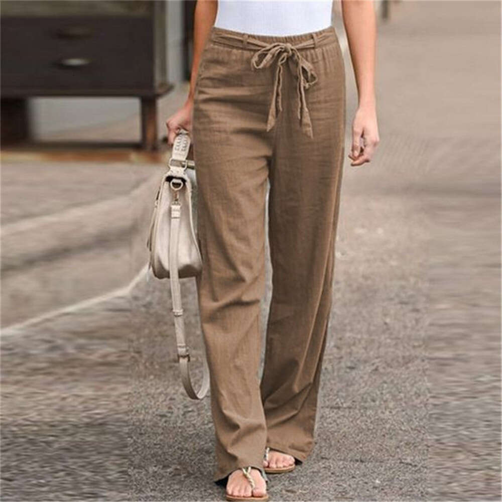 Women's Summer Elastic Waist Solid Color Cotton Hemp Leg Pants Wide Long Trendy Clothing Fashionable And Casual Temperament
