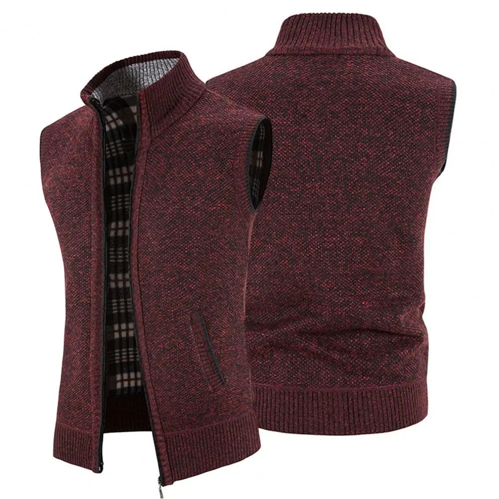 Men Knitted Cardigan Vest Stand Collar Thickened Fleece Lining Knitting Waistcoat Winter Plush Lined Sweater Jacket 241129