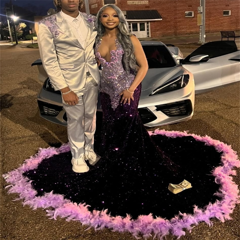 Luxury Dark Purple Prom Dresses For Black Girls Gorgeous Mermaid Sequin Feather Evening Gowns Diamond Crystal Formal Birthday Party Gowns Vestio De Ga