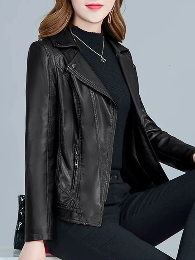 Stylishe Short Faux Leather Jacket Women Green Zipper Korean Style Office Lady Blazer Coat Slim Black Female Jackets Spring Fall 241129