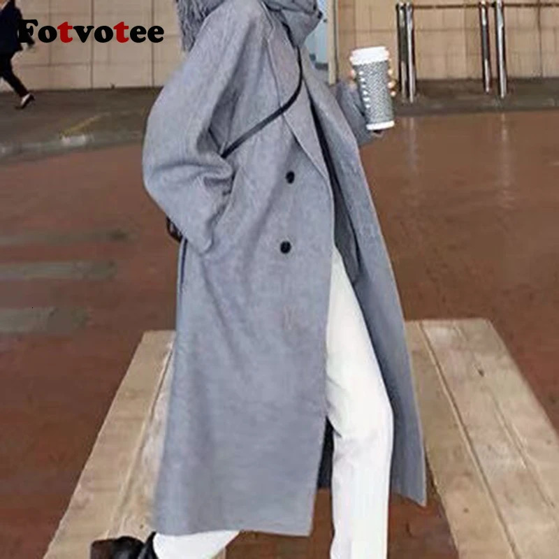 FOTVOTEE Women Midi Length Wool Coat Elegant Lapel Double Breasted with Belt Outerwear Autumn Winter Temperament Streetwear 241129